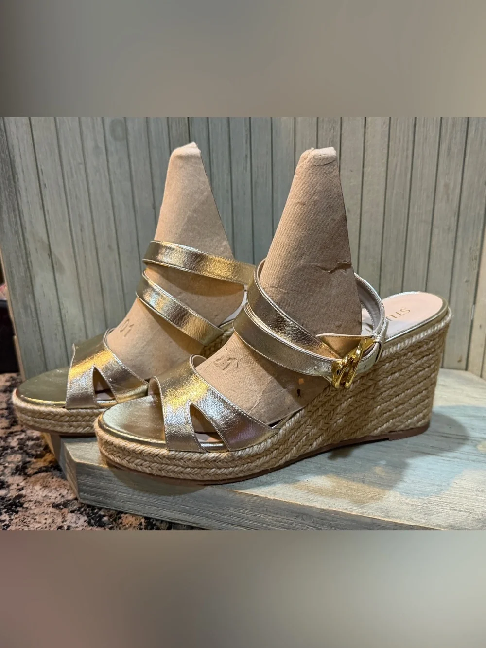 New Stuart Weitzman Metallic Gold Wedge Sandals with Espadrille Platform 10 - Picture 2 of 13